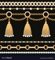 a set of gold chains with tassels and beads on black background stock photo