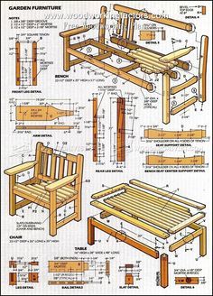 the plans for a garden furniture set are shown in this image, including a bench and table