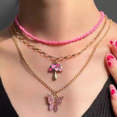 Pink Butterfly Mushroom Boho Necklace Multi Layer (Material Zinc Alloy) Butterfly Mushroom, Hoco Inspo, Mushroom Necklace, Choker Jewelry, Pink Necklace, Pink Boho, Jewelry Choker, Pink Butterfly, Boho Necklace