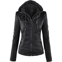 Women's Removable Hooded Faux Motorcycle  Pu Leather Jacket Faux Leather Outfits, Leather Jacket Zipper, Faux Leather Motorcycle Jacket, Blazer Casual, Faux Leather Coat, Leather Jacket With Hood, Hooded Faux, Pu Leather Jacket, Vegan Leather Jacket