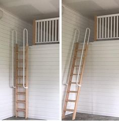 two pictures of a ladder in front of a white wall