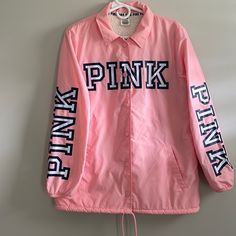 Pink Button Up Jacket. Never Worn. Size Small. Pink Snap Button-up Outerwear, Pink Winter Outerwear With Snap Buttons, Pink Cotton Outerwear With Buttons, Winter Pink Outerwear With Snap Buttons, Sporty Fall Outerwear With Buttons, Spring Casual Button-up Windbreaker, Casual Pink Collared Outerwear, Casual Spring Button-up Windbreaker, Sporty Long Sleeve Outerwear With Buttons