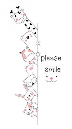 a group of cartoon animals peeking out from behind a sign with the words please smile