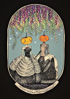 a plate with two people dressed up as pumpkins on top of eachother