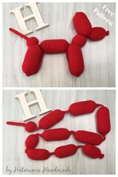 crocheted dog toy made from red yarn with the letter h on it's tail