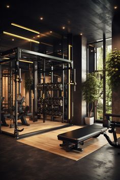 an empty gym with exercise equipment and plants