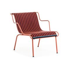 an orange and black striped chair with metal legs