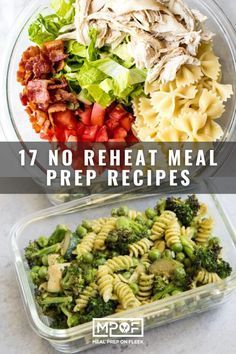 two plastic containers filled with pasta and meat next to another container full of salads