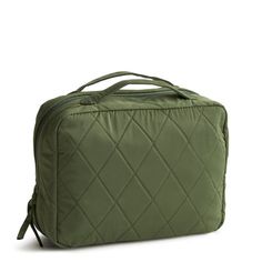 an olive green quilted cosmetic bag on a white background