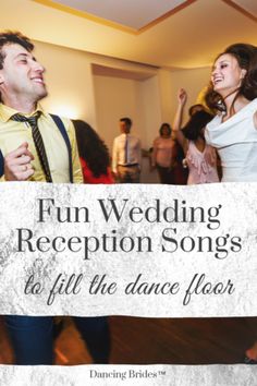 a man and woman dancing together in a dance floor with the words fun wedding reception songs to fill the dance floor