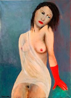 a painting of a naked woman with red gloves