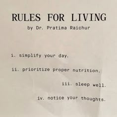 a piece of paper with writing on it that says rules for living by dr pratima raichur