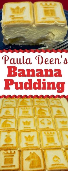 a pancake that has been cut into squares and is sitting on a plate with the words, paula deen's banana pudding