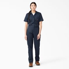 Womens Cooling Short Sleeve Coveralls, Dark Navy Dickies Short Sleeve Coverall, Utility Style Short Sleeve Overalls For Workwear, Utility Short Sleeve Overalls For Workwear, Fitted Short Sleeve Overalls For Workwear, Fitted Solid Color Utility Overalls, Fitted Utility Overalls In Solid Color, Solid Color Fitted Utility Overalls, Dickies Coveralls, Mechanic Clothes