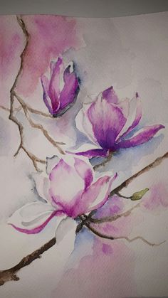 watercolor painting of two pink flowers on a branch with white and purple colors in the background