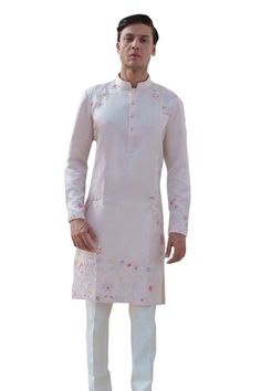 Baby pink full sleeves kurta with garden bloom thread embroidery. Paired with an ivory trouser. - Aza Fashions Designer Sherwani For Spring, Spring Floral Embroidered Straight Kurta Bandhgala, Spring Bandhgala With Floral Embroidery And Straight Kurta, Spring Floral Embroidery Straight Kurta Bandhgala, Spring Floral Embroidery Bandhgala Straight Kurta, Spring Sherwani With Resham Embroidery, Straight Kurta Style, Designer Chikankari Embroidery Sherwani For Spring, Spring Bandhgala With Resham Embroidery And Straight Kurta, Spring Bandhgala With Chikankari Embroidery