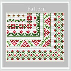 a cross stitch pattern with red flowers and green leaves on the border, in white background