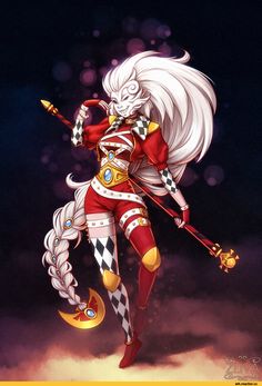 an anime character with long white hair holding a wand and wearing a red outfit, standing in