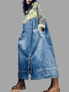 Material: denim 81%-90%Color: BlueSize Details ( M - L - XL ) Length: 120cm / 47.2inch Bust: 138cm / 54.3inch Vestiti In Jeans, Cowboy Dress, Boho Fashion Bohemian, Denim Ideas, Patchwork Denim, Denim Maxi, Denim Diy, Tie Front Blouse, Fall Prints