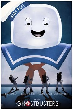 the poster for ghostbusters is shown in blue and white