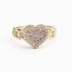 Women's Shiny Pink Heart Ring Real 10K Yellow Gold  | eBay 14k Stamped Heart Promise Ring, Gold Heart Ring With Center Stone For Valentine's Day, Heart Shaped Yellow Gold Jewelry With Center Stone, Heart-shaped Yellow Gold Jewelry With Center Stone, Gold Heart-shaped Promise Crystal Ring, 14k Gold Heart-shaped Jewelry With Center Stone, Heart-shaped Gold Crystal Promise Ring, 14k Gold Heart Ring With Center Stone For Promise, Gold Heart Ring With Accent Stones Fine Jewelry