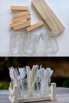 wooden spoons and forks in glass jars on a table