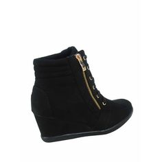 This style runs pretty true to size Round toe Lace Up Rubber sole, Faux Suede Wedge Heel Side Zipper Dcor Only. NOT Functionable Finished with lightly padded insole Heel Height: 3" (approx) Size: 8.5.  Color: Black.  Gender: female.  Age Group: adult. Wedge High Tops, Lace Up Wedges, Sneaker Shoes, Suede Wedges, Casual Shoes Women, Wedge Sneaker, Shoes Black, Wedge Heels, High Top