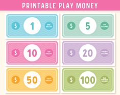 the printable play money game is shown in four different colors and features numbers for each player