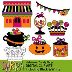 halloween candy shop digital clip art including black and white images, pumpkins, jack - o'- lanterns