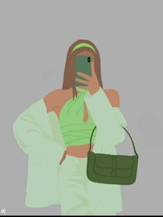 a woman is taking a selfie with her cell phone while holding a green purse