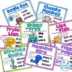 six posters with different types of animals and words on them, including the word skippy frog