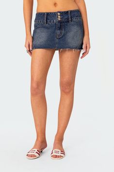 Micro skort Front button closure Raw hem Washed denim fabric 100% Cotton Model wears size S Model height is 5'7 Item care: Wash with similar color Visionary Fashion, Summer Plans, Swimwear Dress, Washed Denim, Denim Fabric, S Models, Denim Wash, Swim Shorts, Pacsun