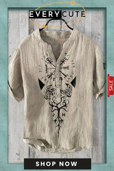 Men's Viking Graphic Art Linen Blend Shirt Artistic Crew Neck Shirt For Summer, Linen Blend, Vikings, Graphic Art, Shop Now, Women's Top, T Shirt, Art