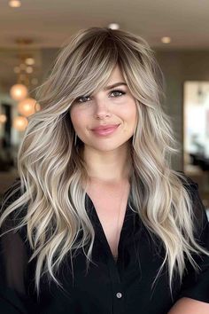 29 Gorgeous Examples of Long Hair with Side Bangs Blonde Hair Fringe Long, Trendy Haircuts For Long Hair Side Part, Long Layered Haircut With Side Bangs, Long Haircut Ideas Side Part, Blonde Balayage With Side Bangs, Bangs Swept To Side, Long Hair With Swoop Bangs, Wispy Haircut Long, Blonde Side Bangs Long Hair