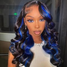 Woman wearing Ishow Black with Gemstone Blue Highlight Body Wave Human Hair Wig, showcasing pre-plucked hairline and blue highlights. Sew In With Purple Highlights, Gender Reveal Hairstyles Black Woman, Sweet16 Hairstyles, Royal Blue Wig, Lagertha Hair, Hair Stripes, Birthday Fit, Color Wigs, Birthday Hairstyles