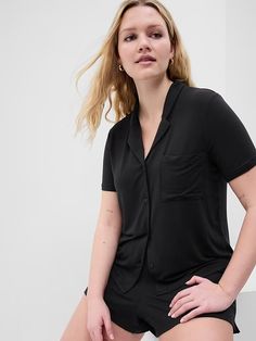 Pure Body PJ Shirt | Gap Factory Relaxed Fit Button-up Sleepwear, Casual Sleepwear With Button Closure And Short Sleeves, Casual Collared Sleepwear, Casual Button-up Sleep Tops, Short Sleeve Tops With Button Closure For Loungewear, Casual Black Short Sleeve Shirt, Casual Collared Sleepwear With Button Closure, Short Sleeve Sleep Tops With Pockets, Collared Sleepwear With Pockets For Loungewear