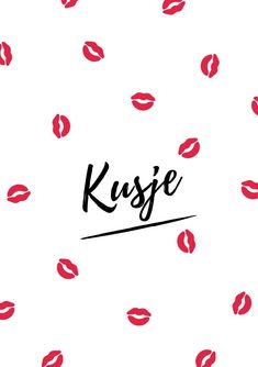 the word kisse written in black and red lipstick on a white background with lots of kisses