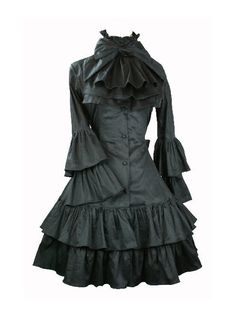 Black Punk Style Gothic Lolita Trumpet Sleeve Dress Punk Style Costume Dresses With Ruffles, Punk Style Ruffled Costume Dresses, Punk Dress With Ruffles For Costume Party, Steampunk Cosplay Dress With Ruffles, Gothic Ruffled Dress For Cosplay, Punk Style Ruffled Dresses For Halloween, Punk Style Ruffled Halloween Dresses, Witchy Ruffled Dress For Costume, Witchy Costume Dresses With Ruffles