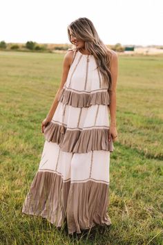 Women's Boho Chic Clothing Beige Flowy Tiered Maxi Dress, Beige Tiered Maxi Dress For Vacation, Beige Tiered Maxi Dress For Beach, Brown Ruffled Maxi Dress, Beige Ruffled Maxi Dress, Brown Ruffled Maxi Dress For Vacation, Boho Chic Clothing, Annie Dress, Mock Neck Sweater Dress