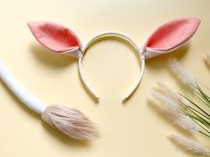 "IVORY and CORAL PINK COW HEADBAND (NO HORNS): TAIL - IVORY WITH TAN FUR Choose your option upon checkout: -Headband -Headband and Tail -Tail Only Tail Sizes (approximate): -Small: 6.5\" -Medium: 11\" -Large: 19\" A version of this headband WITH HORNS is also available in my shop.  Visit: http://bit.ly/CowBandHorn A version of this headband with all black on the back of the ears is also available in the shop. Read the options carefully to purchase the proper item(s).  Unfortunately the descripti Farm Photo Booth, Cow Headband, Donkey Costume, Cow Ears, Cow Costume, White Mouse, Brown Puppies, Pink Costume, Ear Style