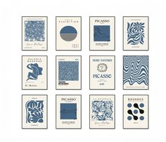 twelve blue and white book covers in different shapes, sizes, and font styles are shown