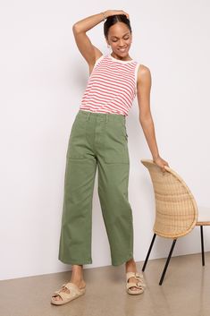 PISTOLA Sophia Wide Leg Utility Pant | EVEREVE Spring Utility Wide Leg Chinos, Spring Utility Wide-leg Chinos, Short Sewing Pattern, California Street Style, Utility Style, Utility Pants, Shoe Size Conversion, Pocket Top, Ankle Length Pants