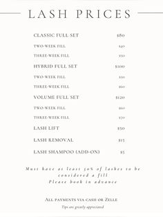 Lash Extension pricing list that I currently use for my clients ✍🏼 #lashes #lashextensions #lashartist #lashtech #sidehustleideas Lashes Price List Ideas, Best Lash Extensions Brands, Eyelash Extensions Price List, Lash Extensions Price List, Lash Prices For Beginners, Lash Extensions Business Checklist, Lash Extensions Guide, Lash Price List Ideas, Extension Aesthetic