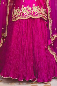 Magenta pink kurta with marodi, zardozi, pearl embroidery in floral pattern. Paired with attached cancan skirt and border embroidered dupatta. - Aza Fashions Cancan Skirt, Kurta Skirt, Pink Kurta, Pearl Embroidery, Embroidered Dupatta, Magenta Pink, Silk Embroidery, Set For Women, Aza Fashion