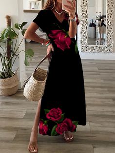 Black V-neck Dress For Holiday, Black V-neck Holiday Dress, Casual Printed Maxi Dress For Parties, Casual Fitted Maxi Dress With Rose Print, V-neck Printed Holiday Dress, Casual V-neck Holiday Dress, Long Sleeve Summer Dresses With Rose Print, V-neck Beach Dress With Rose Print, Casual V-neck Maxi Dress For Holiday