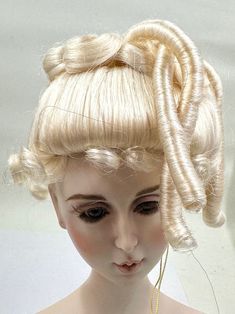 Beautiful doll wig with locks of curls pulled up! photographed here is a Monique Gibson Girl Style Doll Wig in Bleach Blonde. I have many sizes and colors to choose from! In boxes with net and tag. Doll Wig, Gibson Girl, Bleach Blonde, Doll Wigs, Doll Parts, Doll Hair, Doll Face, Vintage Hairstyles, Girl Style