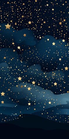 the night sky with gold stars and clouds in blue, black and white colors illustration