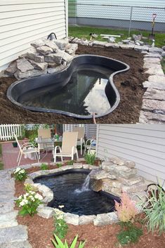 two pictures of a small pond in the middle of a yard with rocks and gravel around it