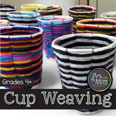 some cups that are sitting on top of a white table with the words cup weaving in front of them