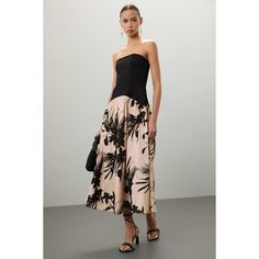 Black floral (Top shell ‚Äì 69% Nylon, 27% Rayon, 4% Spandex; Lining ‚Äì 100% Cotton). Casual dress. Sleeveless. Strapless neckline. Back zipper closure. 46" from shoulder to hemline. Imported. Summer Evening Strapless A-line Dress, Summer Evening A-line Strapless Dress, Summer Strapless Midi Evening Dress, Strapless Midi Dress For Spring Evening, Strapless Spring Evening Midi Dress, Elegant Floral Print Strapless Dress For Night Out, Elegant Strapless Dress With Floral Print For Night Out, Elegant Strapless Floral Dress For Night Out, Strapless Floral Print Midi Dress For Evening